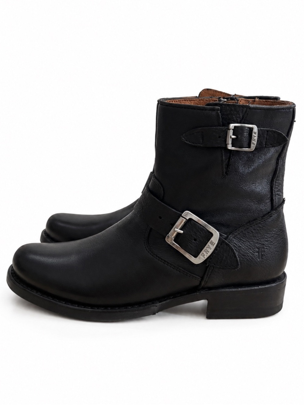 Frye 6 1/2 Vicky Tyler Engineer Ankle Boots 6.5 B Black Leather Moto Zip Buckle